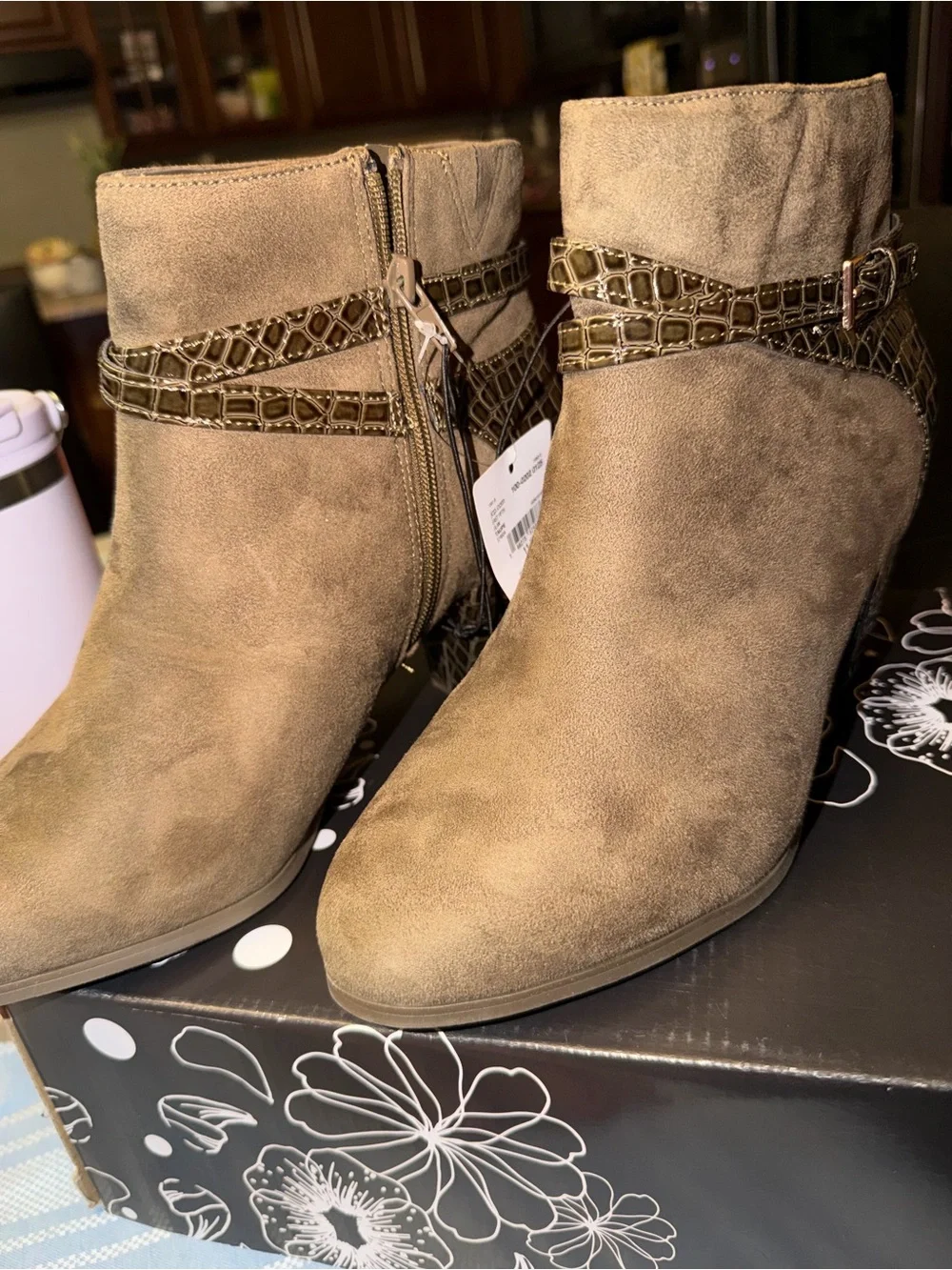 East 5th Taupe Suede Ankle Boots with Croc-Trim Strap